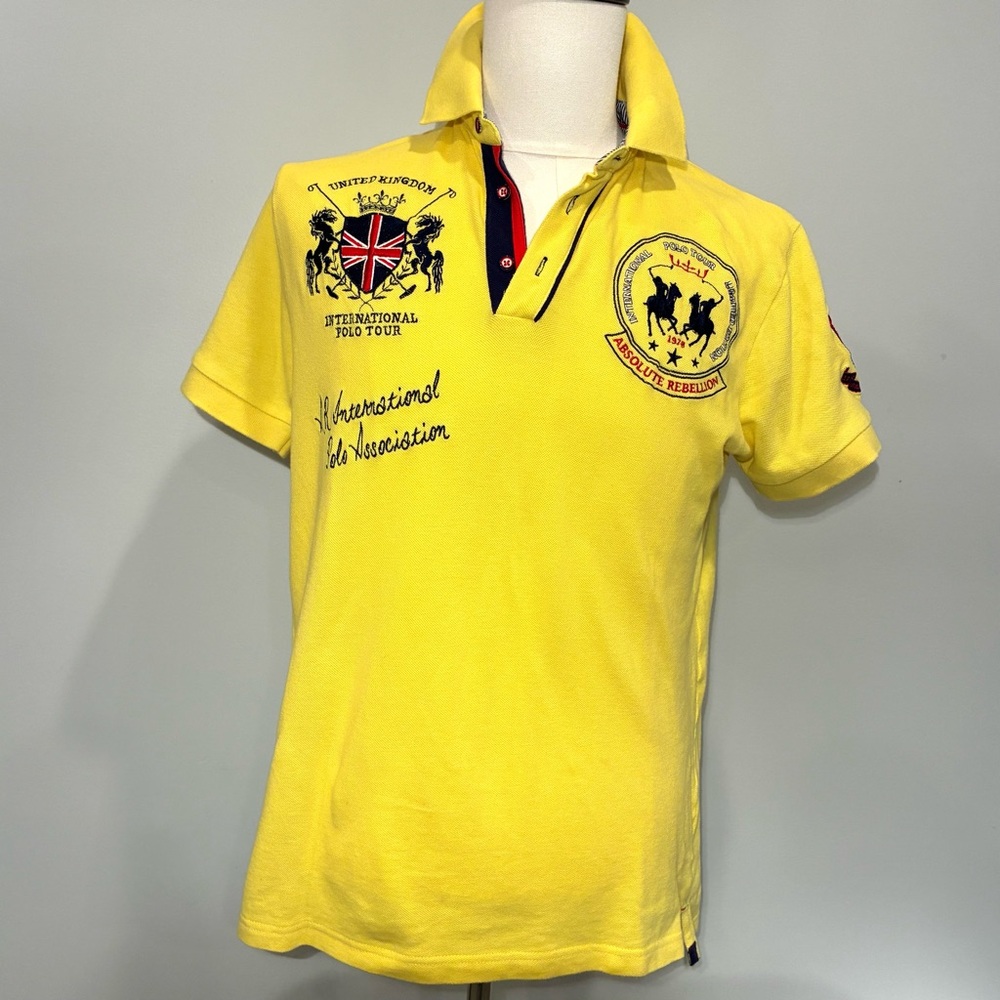 Men's Yellow Polo Shirt with Embroidered Accents, Size M